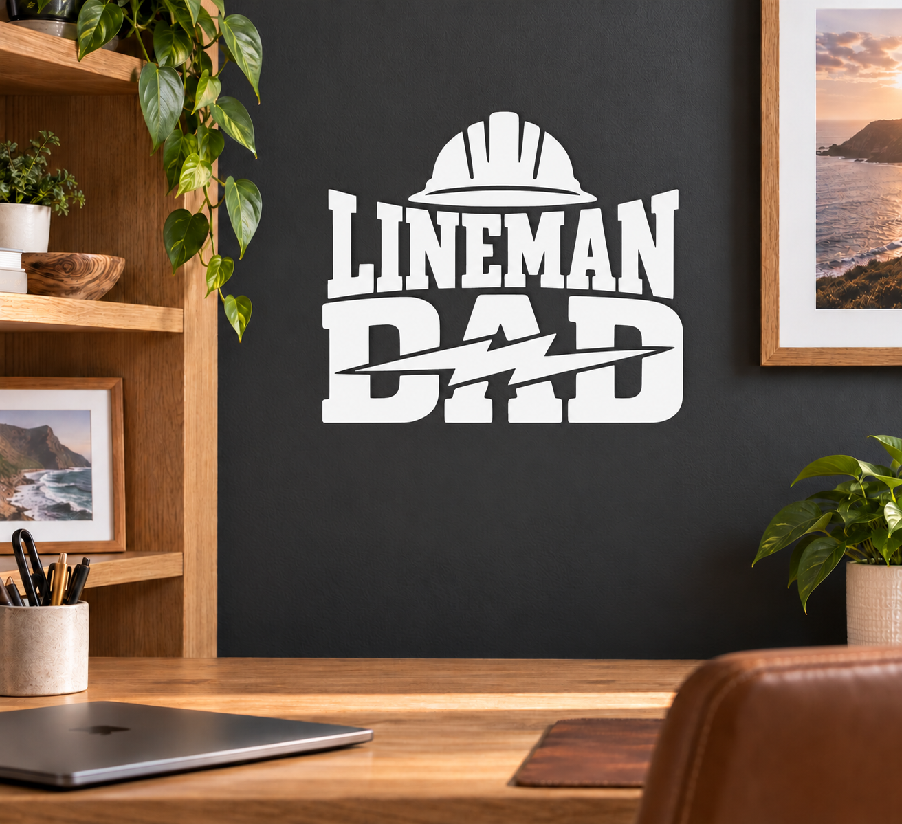 White lineman dad vinyl decal with helmet, tools, and bold LINEMAN text