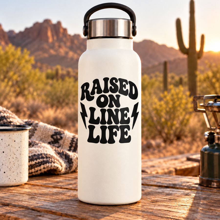 Black raised lettering vinyl decal reading "RAISED ON LINE LIFE" with lightning bolt accents