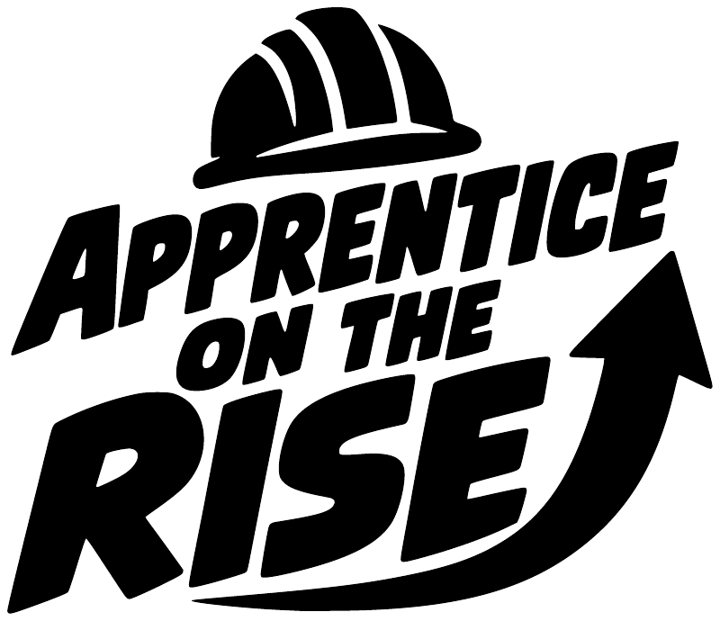 Close-up vinyl decal: black hardhat icon and “APPRENTICE ON THE RISE” lettering