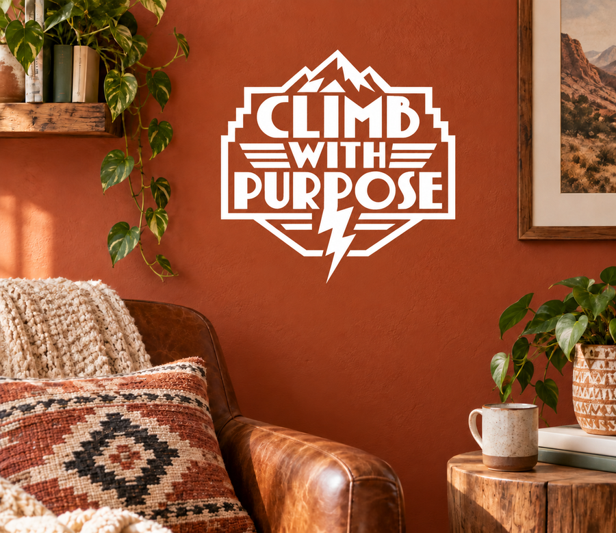 Vinyl wall decal with 'CLIMB WITH PURPOSE' mountain and lightning graphic, white.