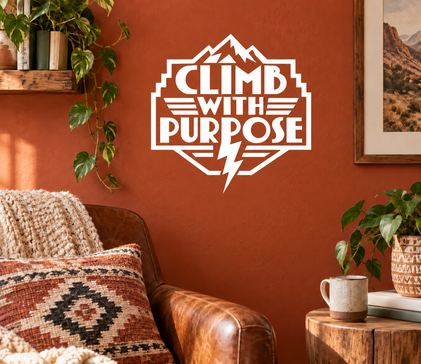 Vinyl wall decal with 'CLIMB WITH PURPOSE' mountain and lightning graphic, white.