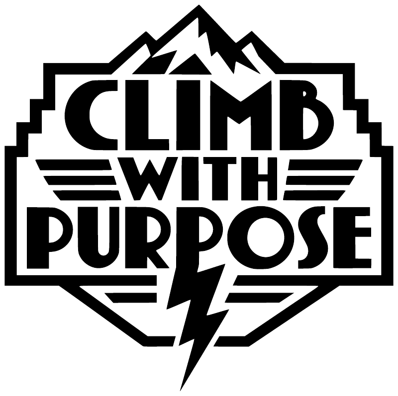 Vinyl decal logo reading 'CLIMB WITH PURPOSE' with mountain and lightning icon, black and white.
