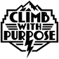 Vinyl decal logo reading 'CLIMB WITH PURPOSE' with mountain and lightning icon, black and white.