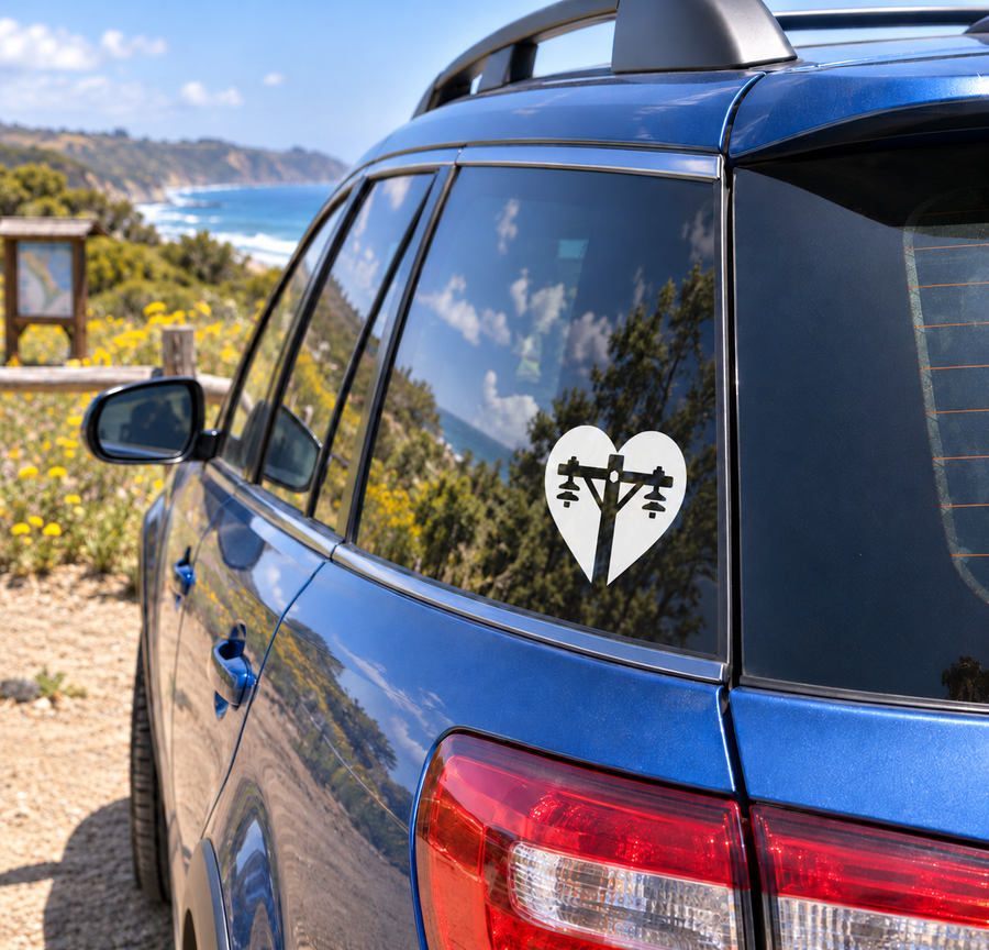 Heart vinyl decal for cars: black-and-white lineman crossarm emblem