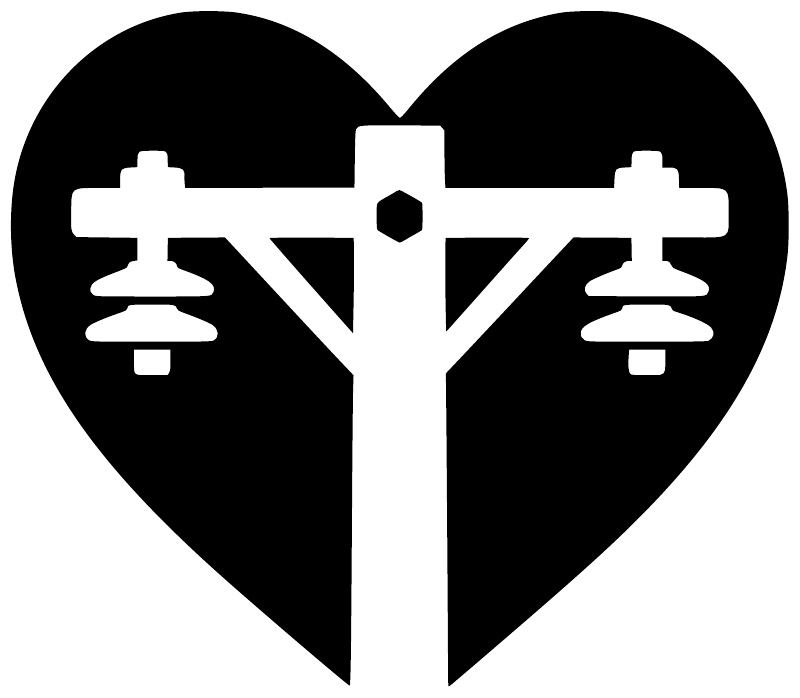 Black heart vinyl decal with white lineman crossarm and pole icon