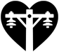 Black heart vinyl decal with white lineman crossarm and pole icon