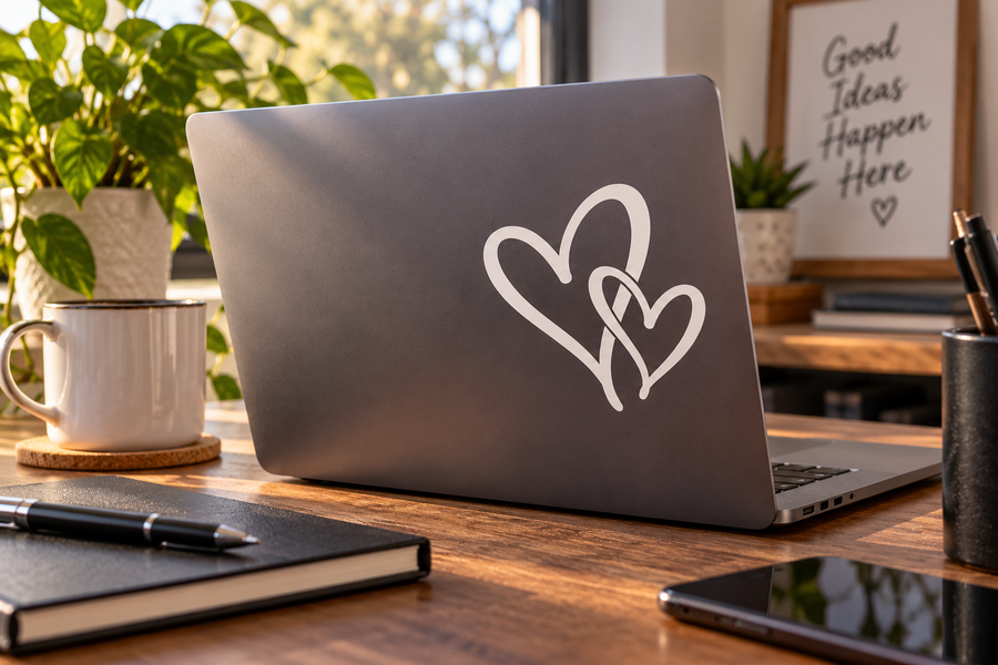 Linked hearts vinyl decal with crossing ribbon-line design