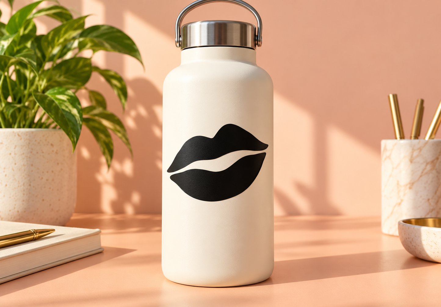 Black lips vinyl decal on white bottle