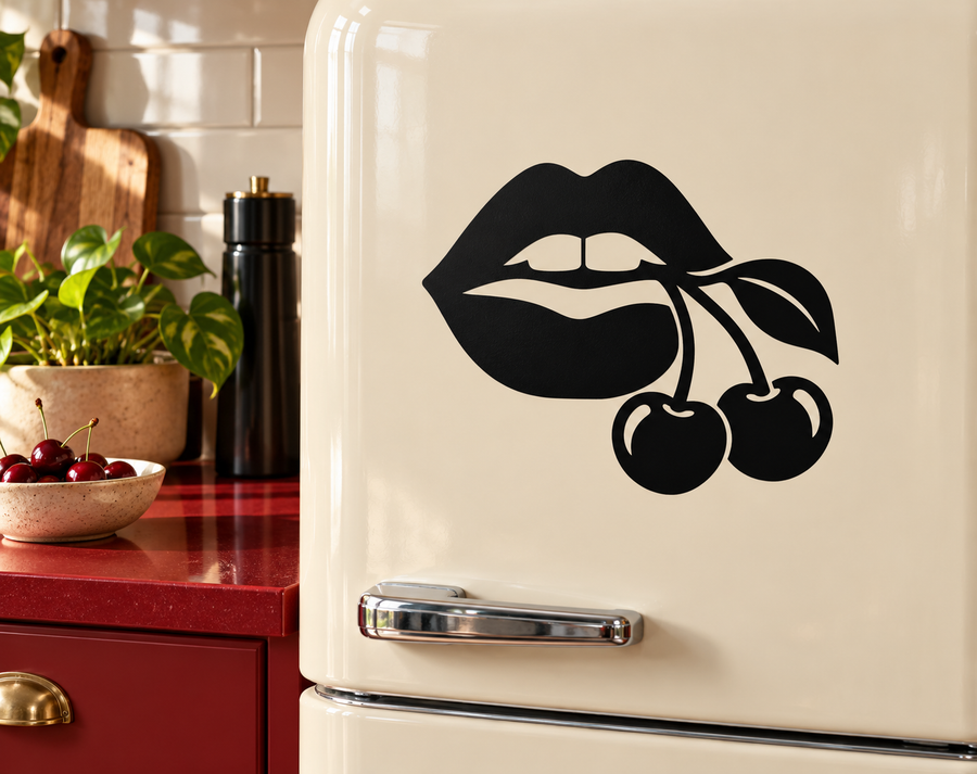 Lip and cherry vinyl decal with black lips, white teeth, and two cherries