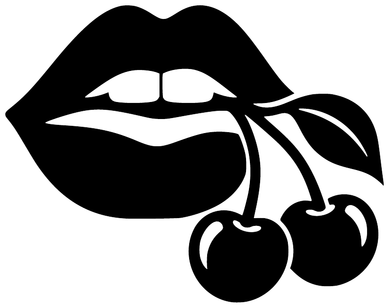 Close-up lip and cherry vinyl decal: black lips, white teeth, cherry icons
