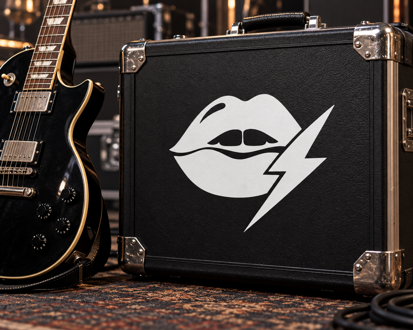 Vinyl lips and lightning-bolt decal on black case, white graphic