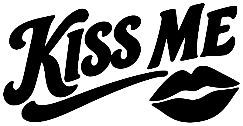Close-up of black Kiss Me vinyl decal with script text and lips