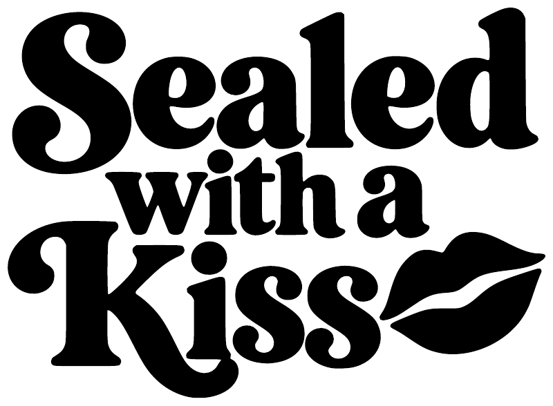 Sealed with a Kiss vinyl decal, black and white lettering with lip graphic and heart-like dots