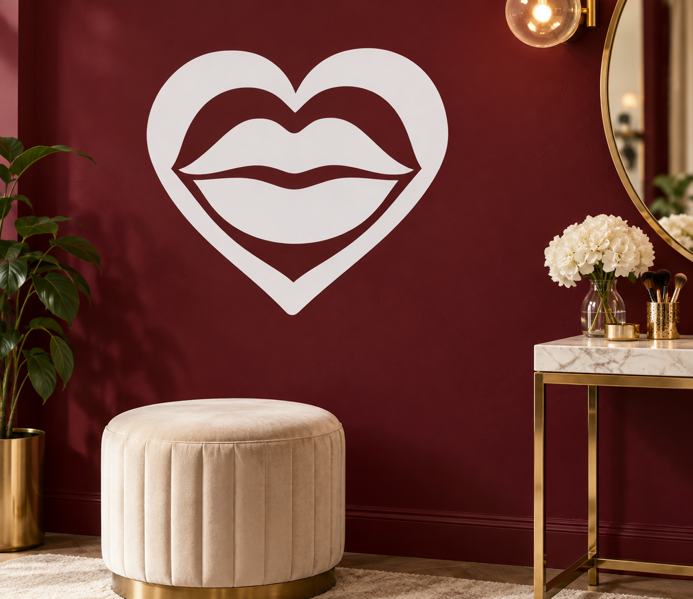 Heart-shaped vinyl decal with white lip icon and maroon inner heart
