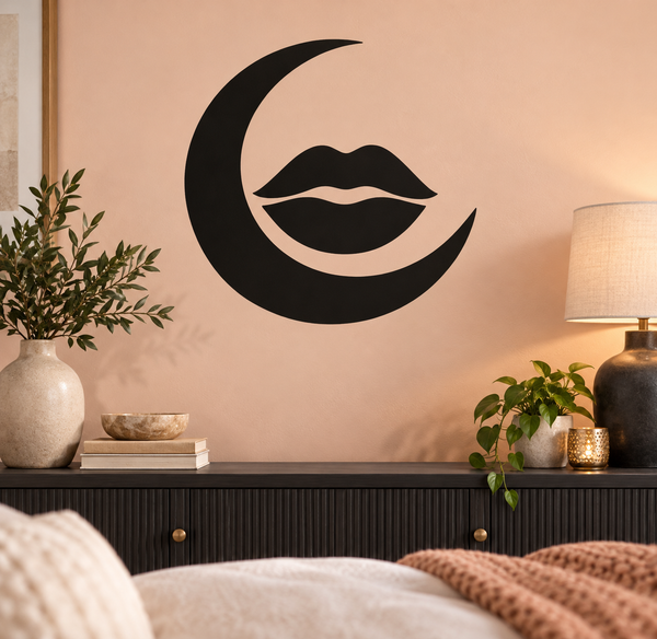 Black lips and crescent moon vinyl decal for walls