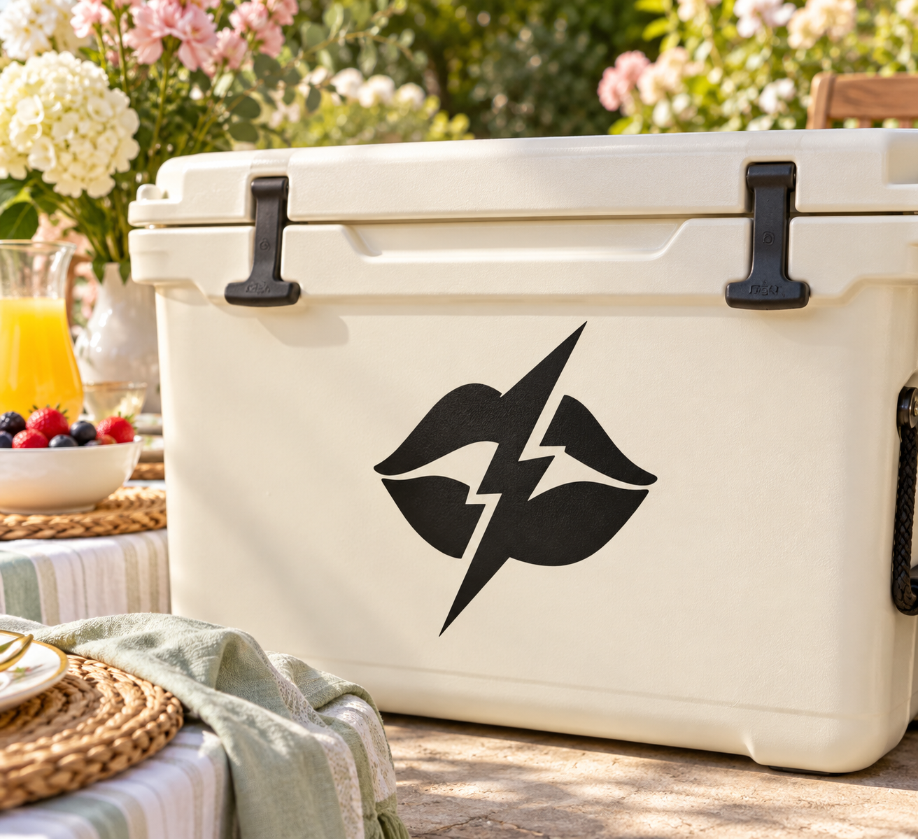 Black lips and lightning bolt vinyl decal on a cooler lid