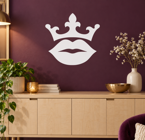 Vinyl lip and crown decal in white, with fleur-de-lis crown and kissing lips