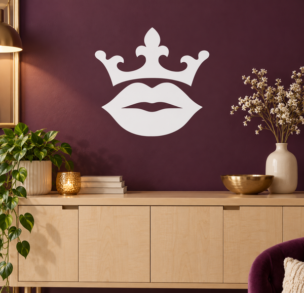 Vinyl lip and crown decal in white, with fleur-de-lis crown and kissing lips