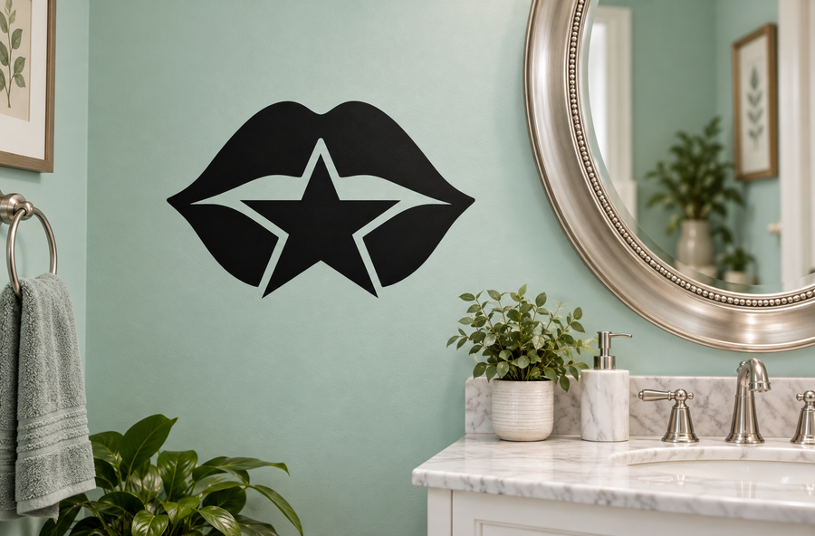 Black lips vinyl decal with centered star shape for wall or mirror
