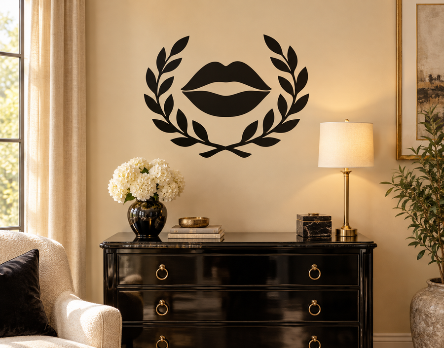 Black vinyl wall decal of lips with open laurel wreath