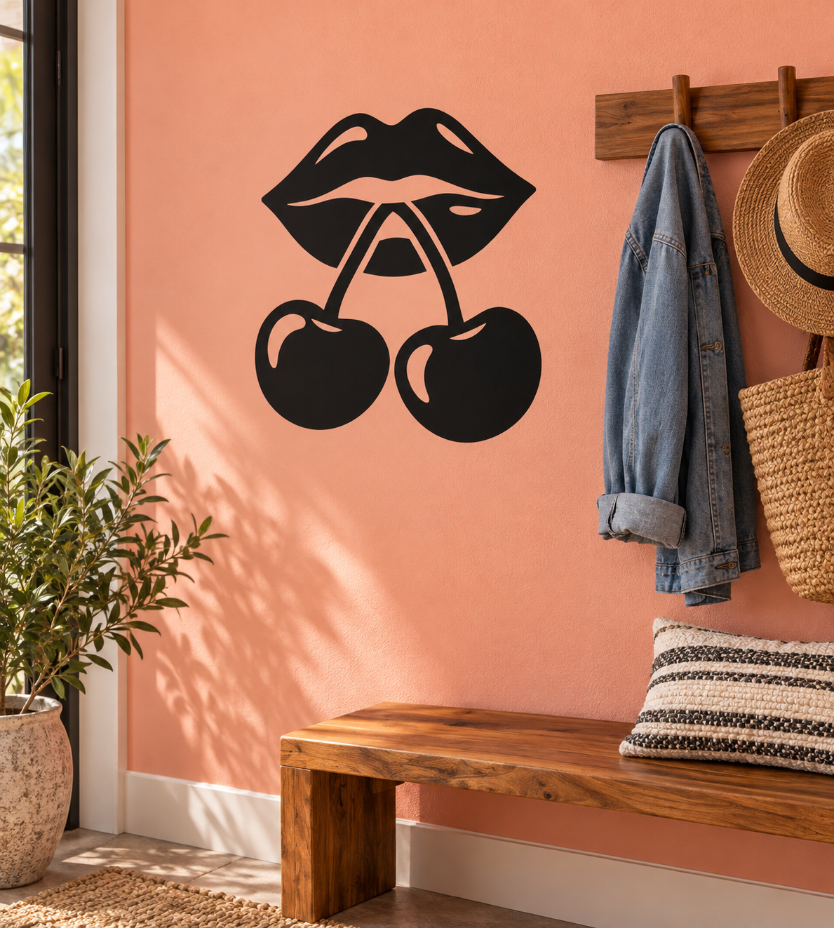 Black lips and cherry vinyl wall decal with two cherries and center tongue design