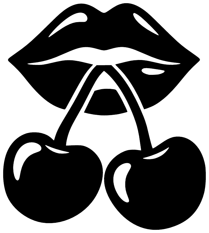 Close-up of black lips and cherry vinyl decal, two cherries under open mouth