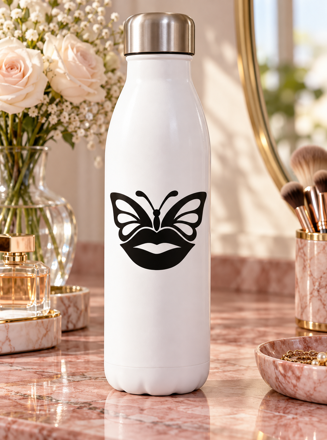 Lips and butterfly vinyl decal, black graphic on white bottle