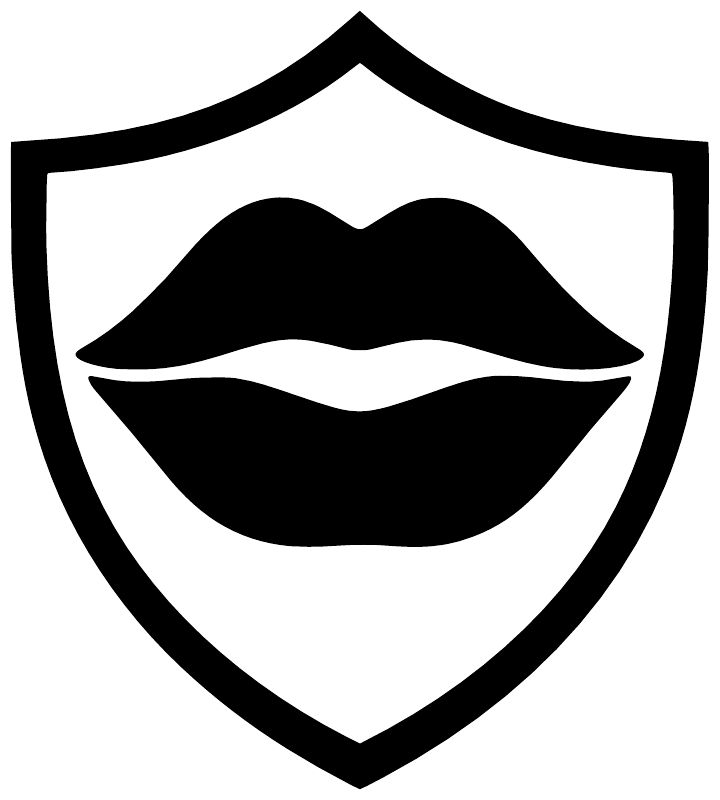 Vinyl decal of open lips inside a shield outline, black and white design