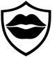 Vinyl decal of open lips inside a shield outline, black and white design