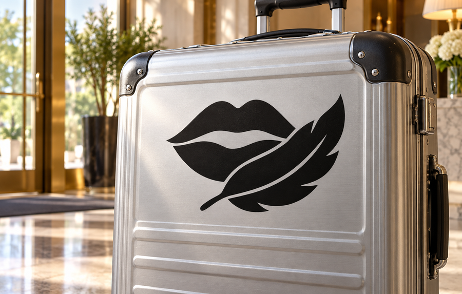 Lips and feather vinyl decal on silver suitcase front, black lips and feather
