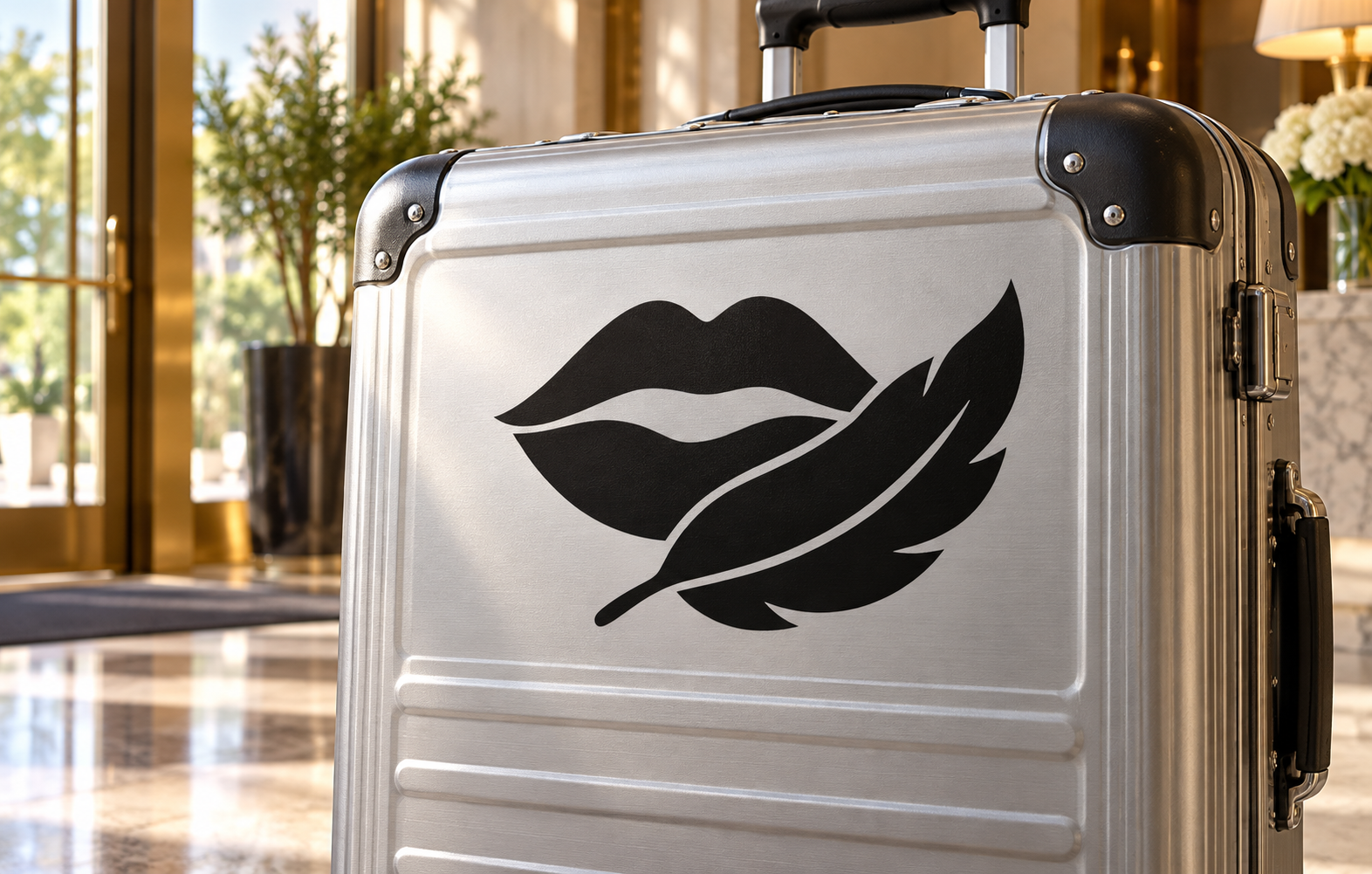 Lips and feather vinyl decal on silver suitcase front, black lips and feather