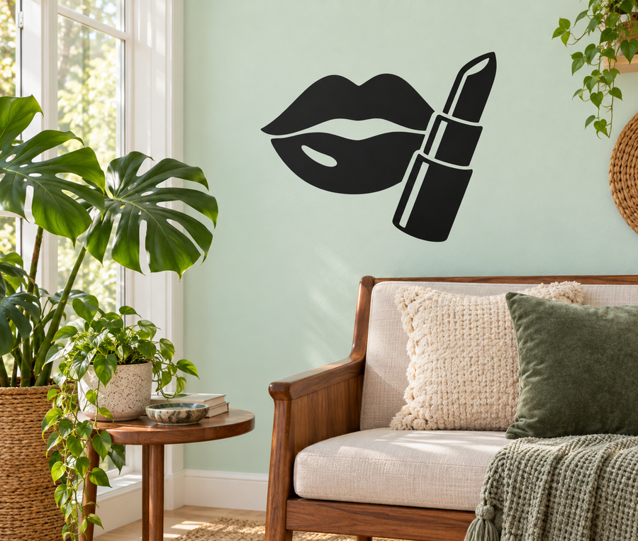 Lips and lipstick vinyl wall decal, black lips with white highlights and black lipstick