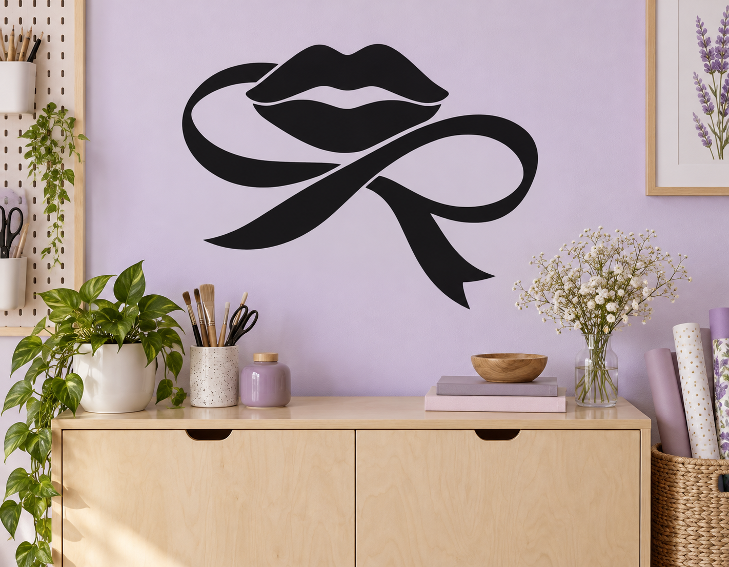 Black lips and flowing ribbon loop vinyl decal for walls, bold high-contrast silhouette