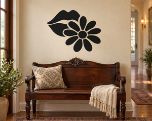 Black lips and daisy vinyl wall decal with white outlines and flower outline