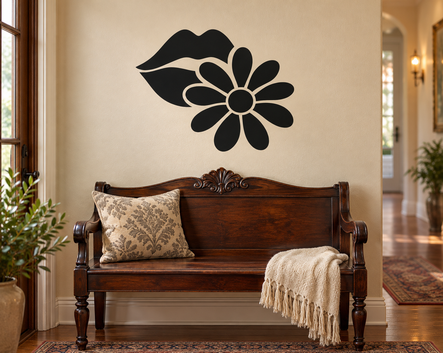 Black lips and daisy vinyl wall decal with white outlines and flower outline