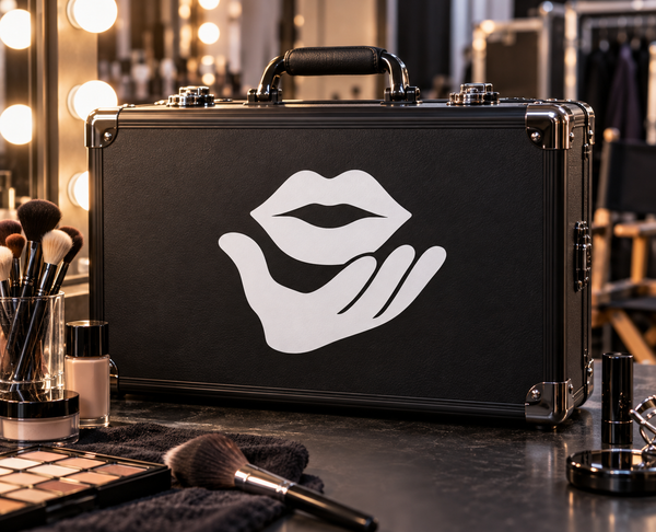 Vinyl lips-and-hand gesture decal in white on a dark surface, applied to a case