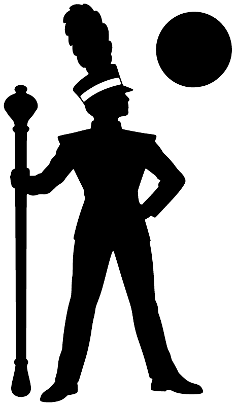Vinyl decal die-cut drum major silhouette holding baton with circular accents