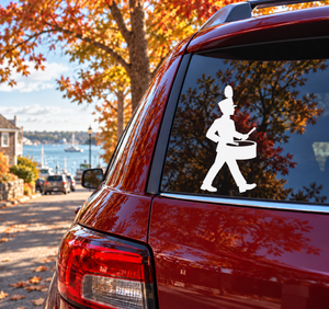 White marching band snare drummer step vinyl decal silhouette on window