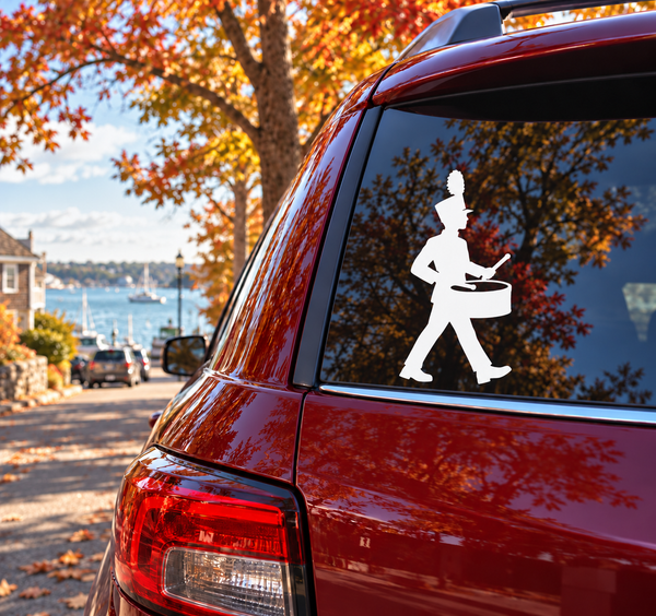 White marching band snare drummer step vinyl decal silhouette on window