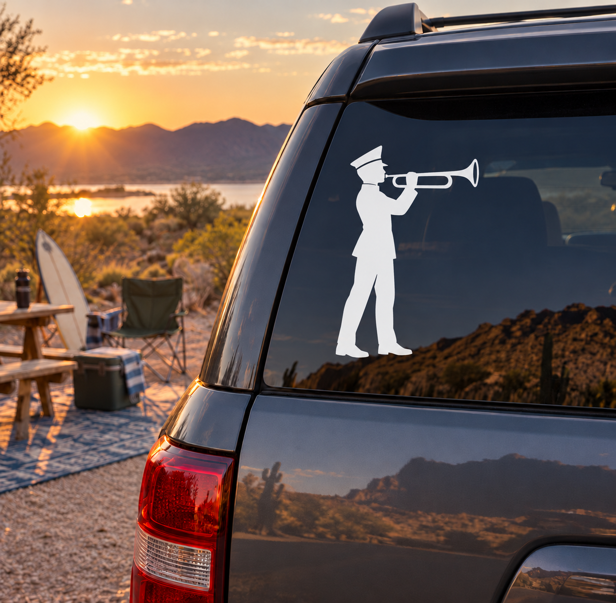 Marching band trumpet player vinyl decal on car window, white silhouette