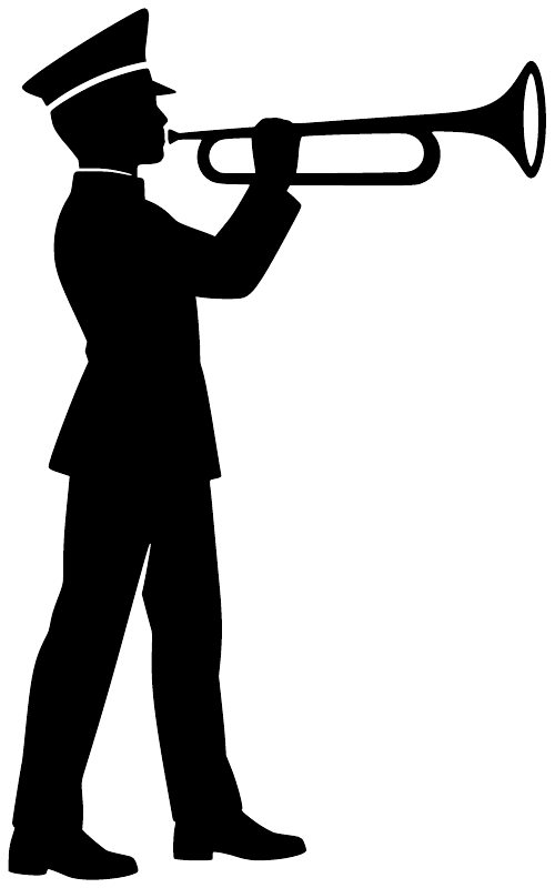 Marching band trumpet player vinyl decal, black silhouette with hat and stance