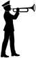Marching band trumpet player vinyl decal, black silhouette with hat and stance