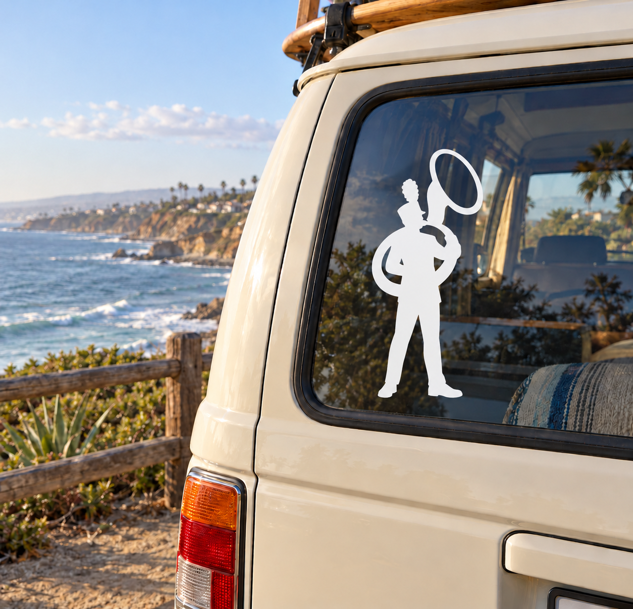White marching band tuba player vinyl decal for car windows