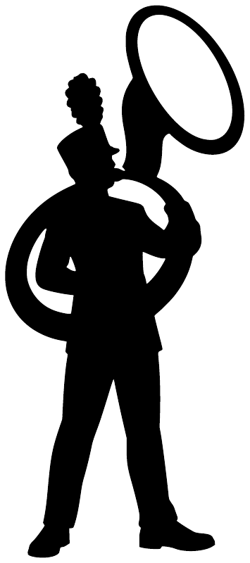 Black silhouette marching band tuba player vinyl decal, cutout graphic