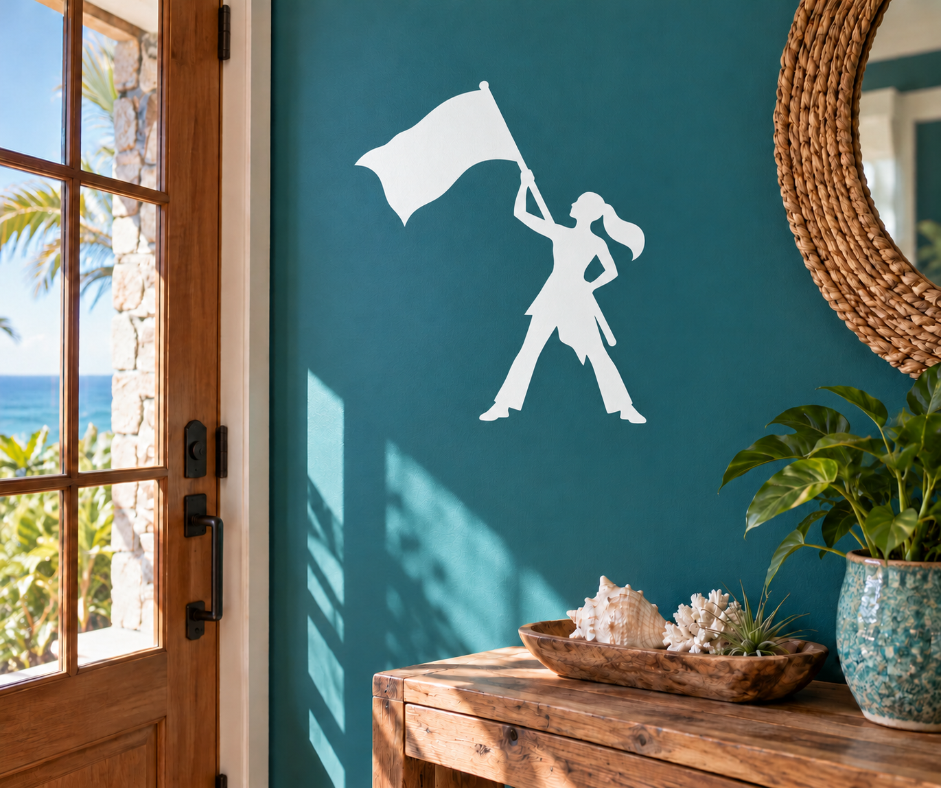 Color guard marching flag vinyl decal, white silhouette of flag-bearer on teal wall