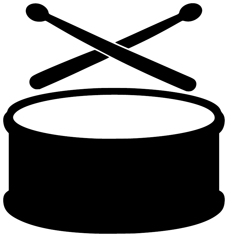 Snare drum emblem vinyl decal: black drum with crossed drumsticks and white outline