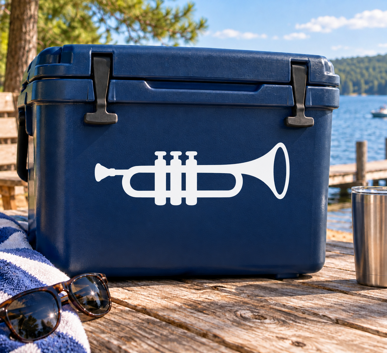 White trumpet marching band vinyl decal on dark blue surface