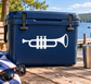 White trumpet marching band vinyl decal on dark blue surface