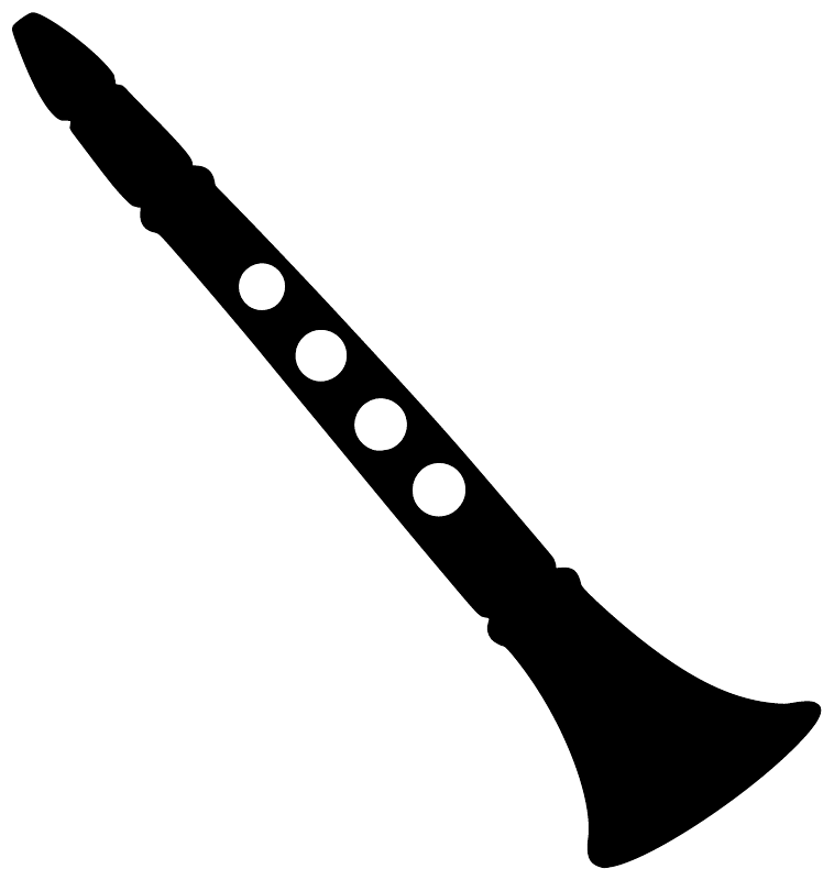 Black clarinet vinyl decal with four white key dots and curved bell