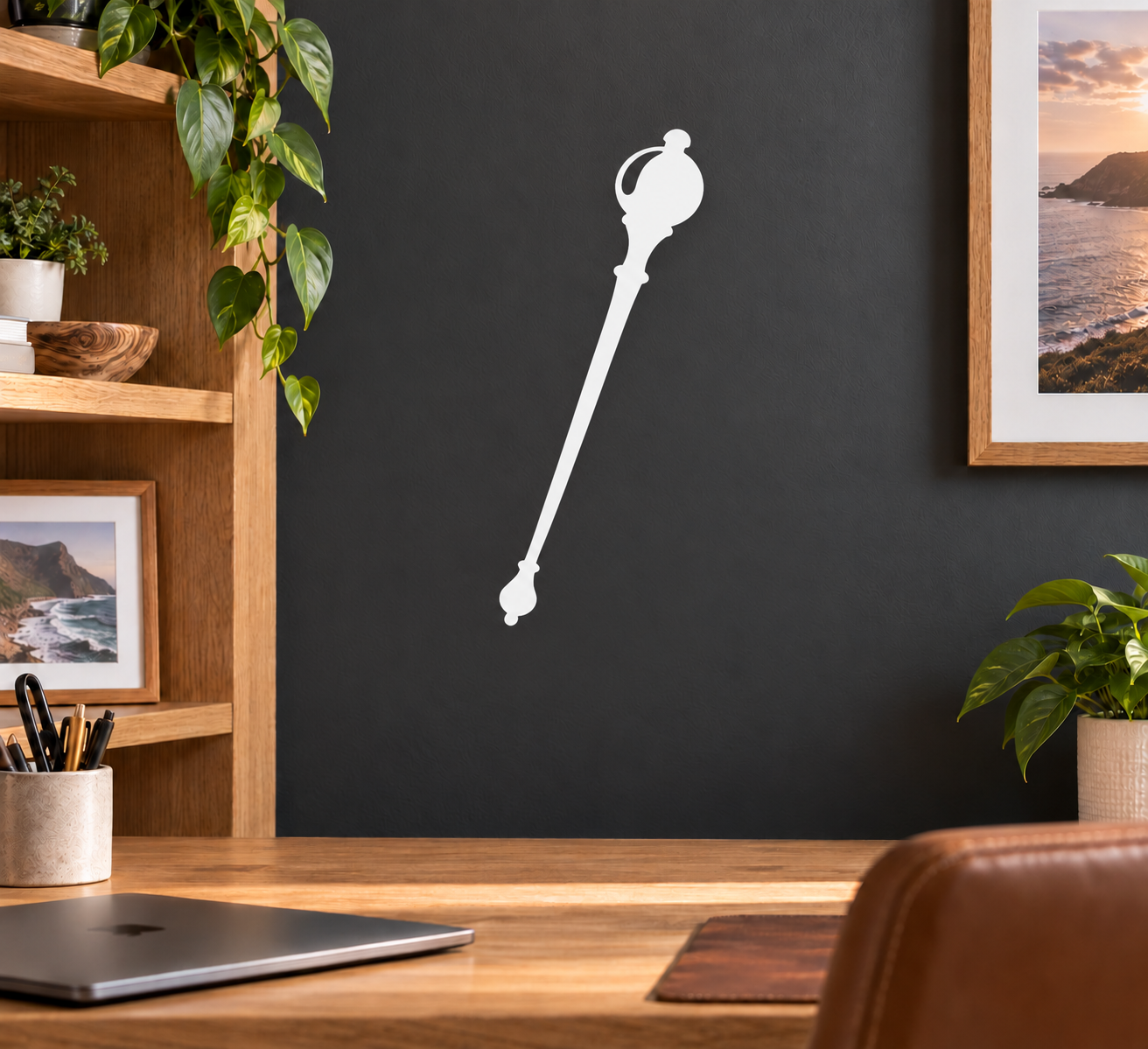 Marching band mace vinyl decal, white silhouette of a mace instrument